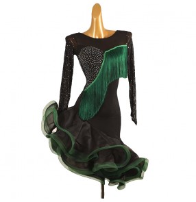 Dark Green Yellow fringe latin dance dresses for women girls tassles competition ballroom tango chacha rumba latin dancing costumes for female